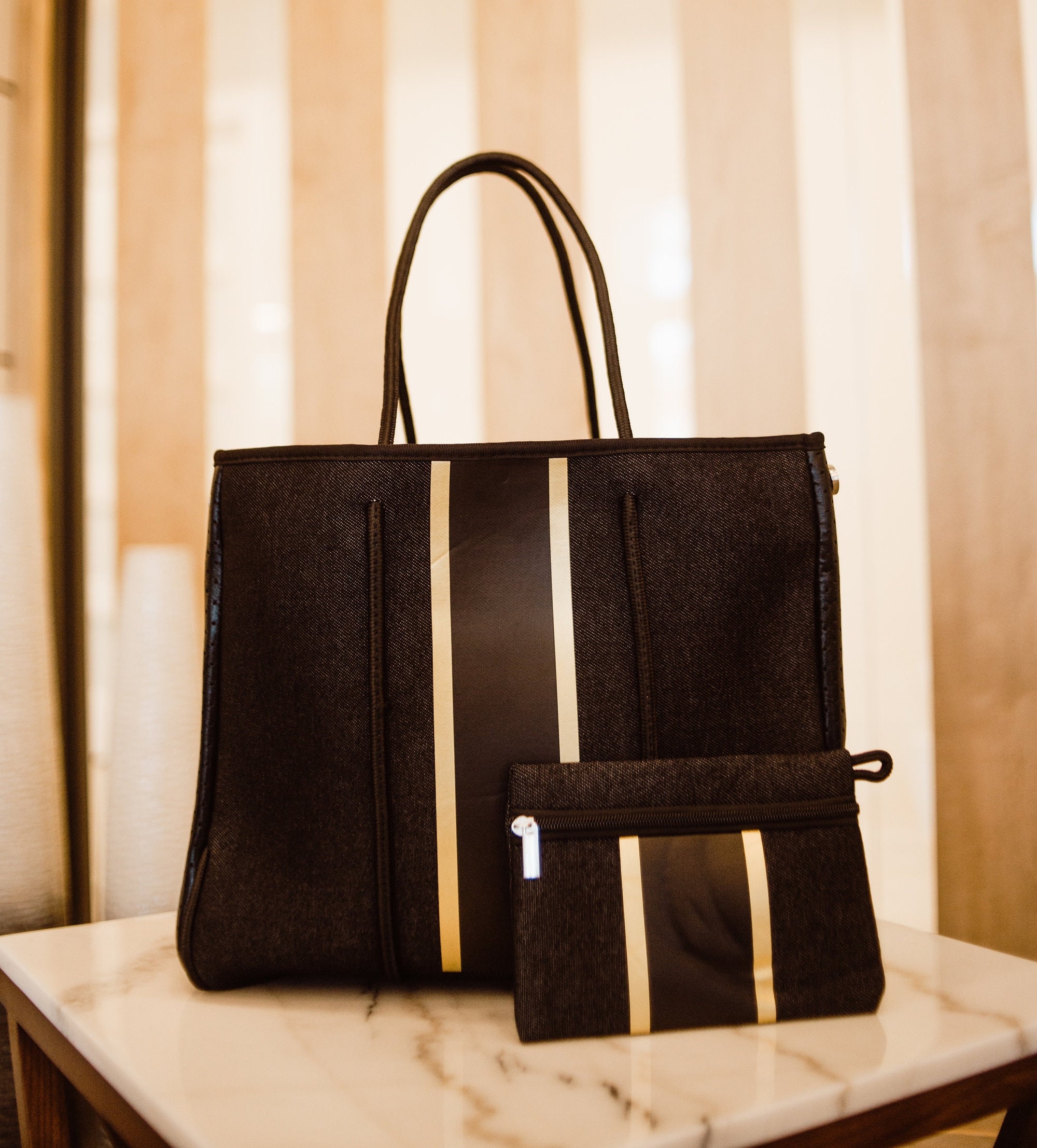 Neoprene Tote Bag With Black Design With Gold Stripe 