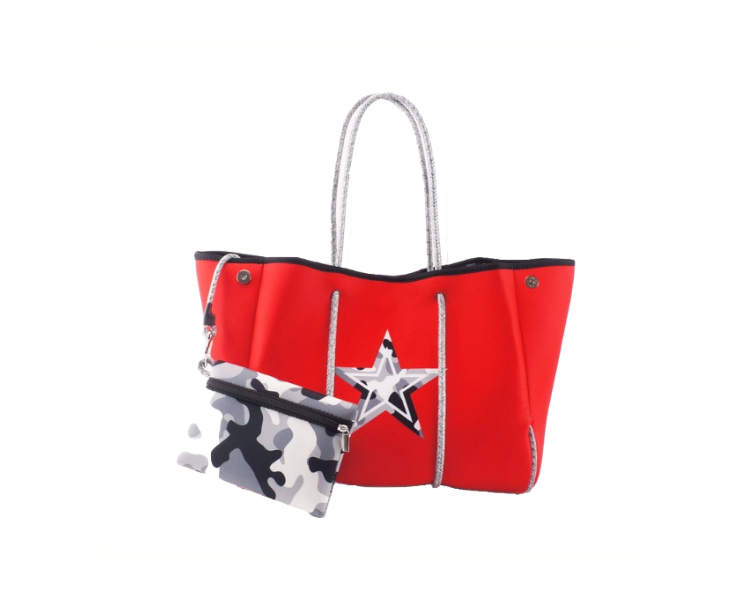 BEST SELLING Neoprene White Camo Tote Bag With Red Star 