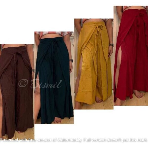 pantalon portefeuille, pantalon Rayon Wrap, pantalon jambe ouverte, pantalon portefeuille pour femmes, pantalon fendu, pantalon Palazzo Boho Wide Leg, pantalon solide, pantalon Palazzo