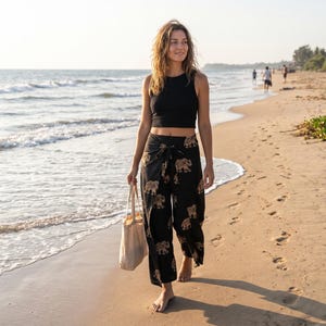 Wide Leg Palazzo Pant- Wrap Tie Art To Wear Casual, Cotton Wrap Pants, Slit Pants, Women Harem, Trousers Block Print