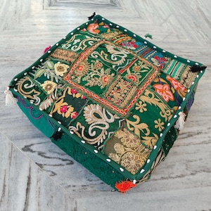 Dark Green Floor Cushion Pillow Cover Bohemian Decor Vintage Cushion Cover Patchwork Square Unfilled Zafu