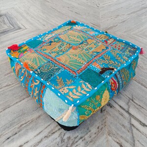 Funda de cojín azul cielo, almohada decorativa bohemia, funda de cojín vintage, decoración de suelo cuadrada de patchwork, sin relleno, zafu