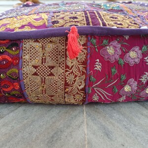 Purple Floor Cushion Cover, Boho Patchwork Pillow, Vintage Square Cushion, Meditation Zafu, Bohemian Home Decor