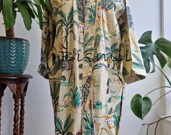 Jungle Print Kimono Robe, Beach Cover Ups, Handmade Kimono, Bridesmaid Gown,  Soft Cotton Kimono, Women's Clothing