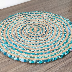 Handmade Colorful Round Rug – Braided Cotton and Jute Circle Mat, Modern Indian Floor Decor