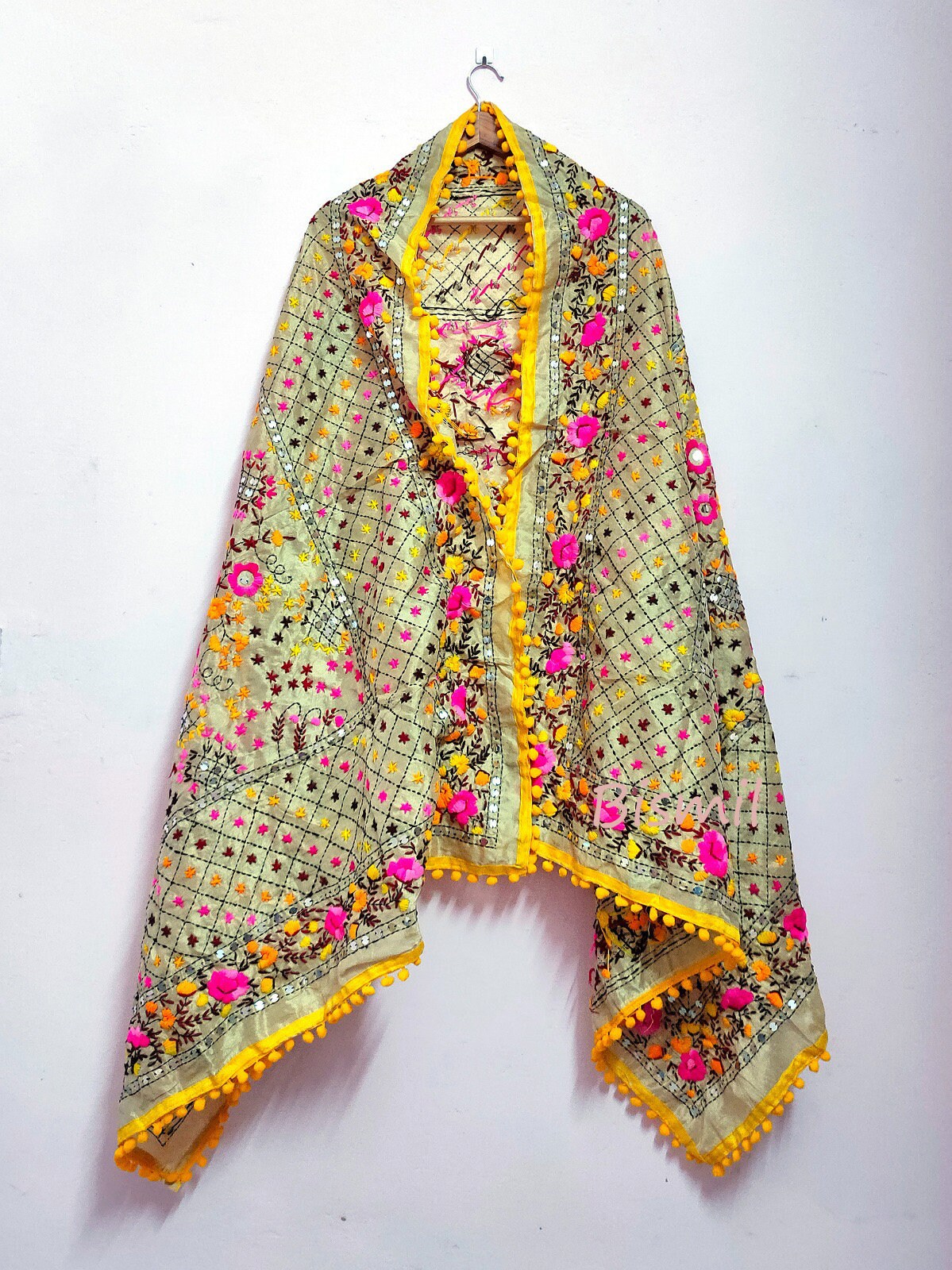 Yellow - Ranihati Chapa Work Chanderi Silk Hand Embroidery Dupatta with Pom Pom 60