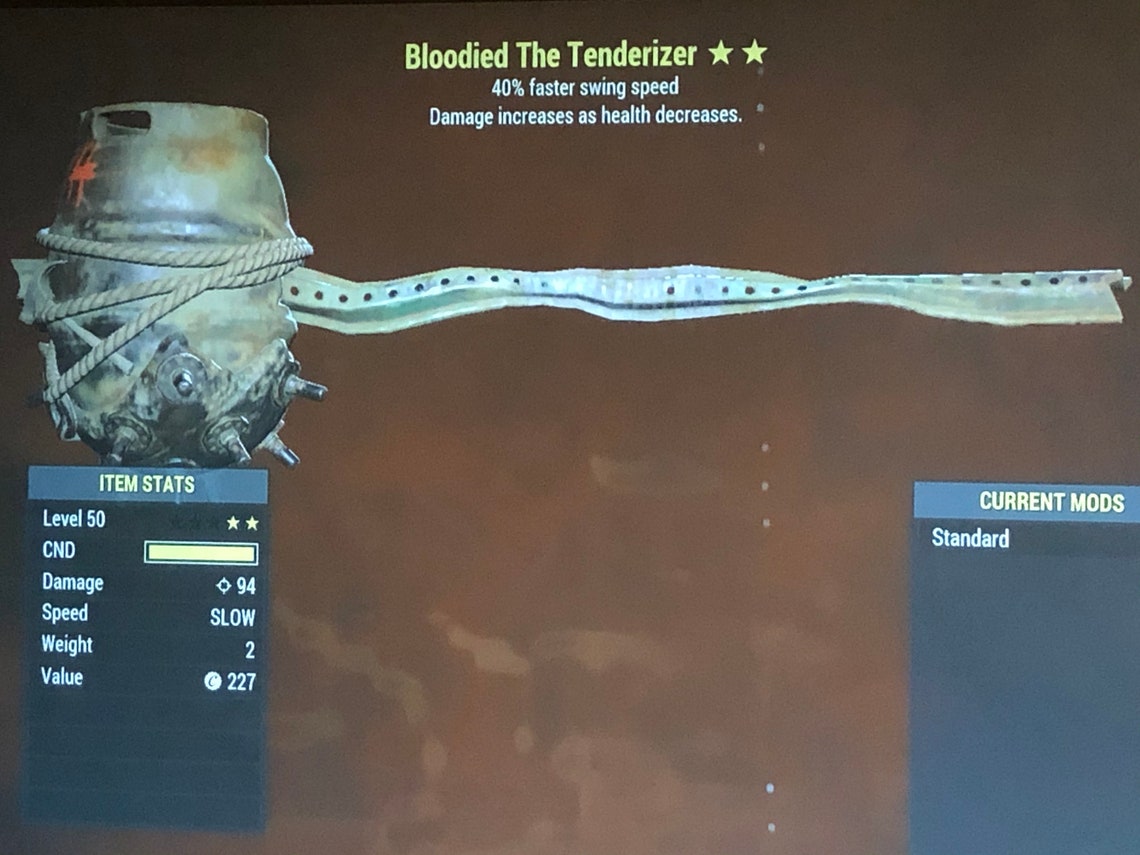 BLOODIED tenderizer 40 faster swing speed fallout 76 Etsy