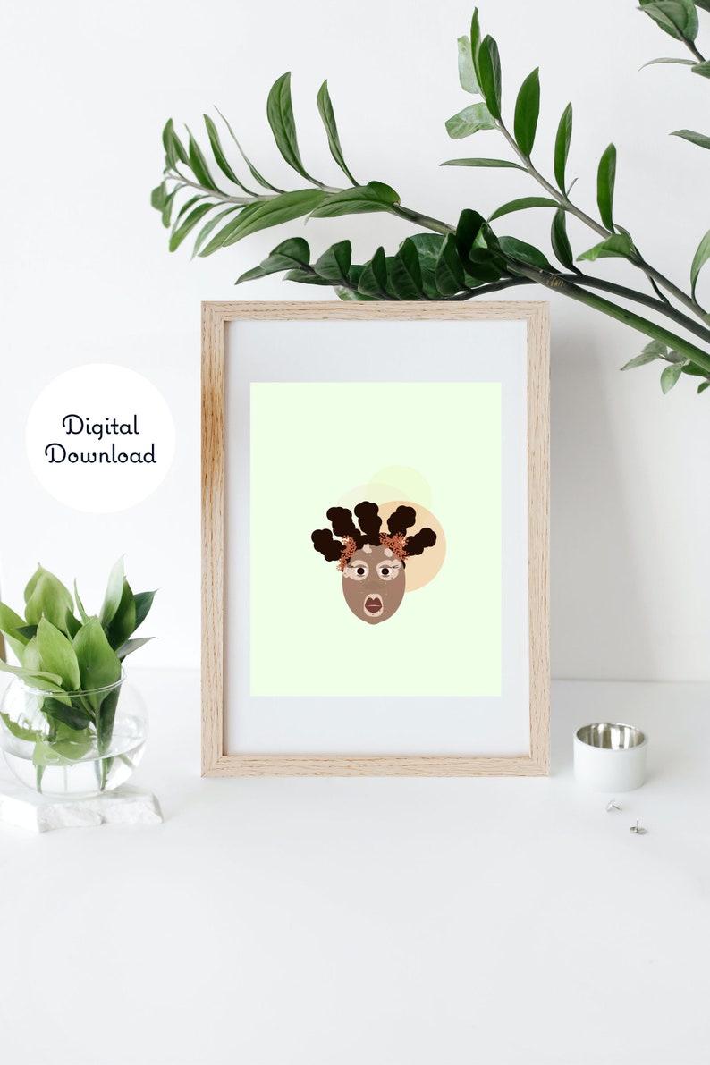 Black woman with vitiligo illustration for people with walls. Whimsical modern woman wall art. Black natural hair wall art for dope queens image 1