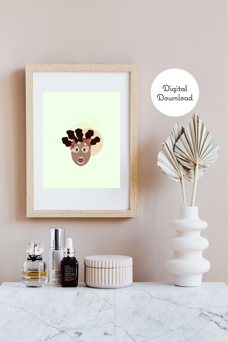 Black woman with vitiligo illustration for people with walls. Whimsical modern woman wall art. Black natural hair wall art for dope queens image 2