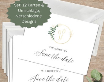 12 Einladungskarten 'Save the Date' Hochzeit mit Umschlägen | Einladungs-Set Hochzeit | Schlichte Einladungskarten mit Einschreibhilfe