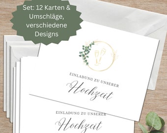 12 Einladungskarten Hochzeit/Ehe mit Umschlägen | Einladungs-Set Hochzeit, Hochzeitseinladung | Schlichte Einladungskarten + Einschreibhilfe