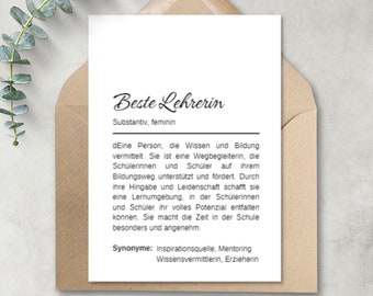 Karte "Beste Lehrerin" Definition | Definitionskarte Duden | A6-Format, inkl. Umschlag