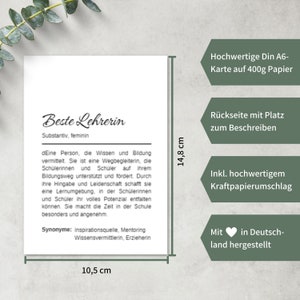 May include: A white card with black text that reads "Beste Lehrerin" (Best Teacher) and a definition of the word. The card is 10.5 inches by 14.8 inches and includes a heart symbol.