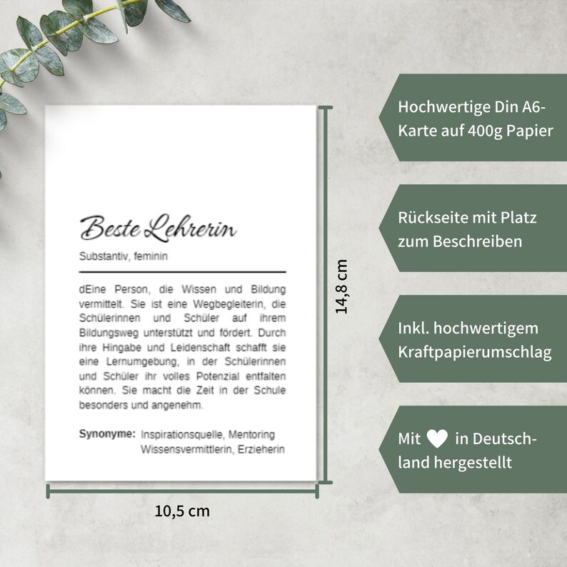 May include: A white card with black text that reads "Beste Lehrerin" (Best Teacher) and a definition of the word. The card is 10.5 inches by 14.8 inches and includes a heart symbol.
