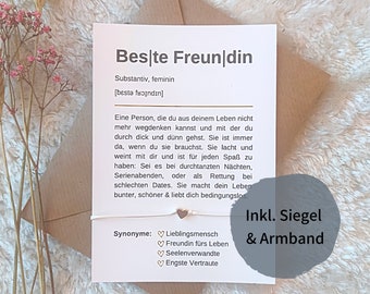 Definition Beste Freundin - Geschenk-Karte Freudin inkl. Armband, Wachssiegel & Umschlag | A6 Karte "Beste Freundin " für Lieblingsmensch