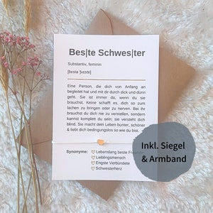 Definition Schwester - Geschenk-Karte Schwester inkl. Armband, Wachssiegel & Umschlag | A6 Karte "Beste Schwester" für Lieblingsschwester