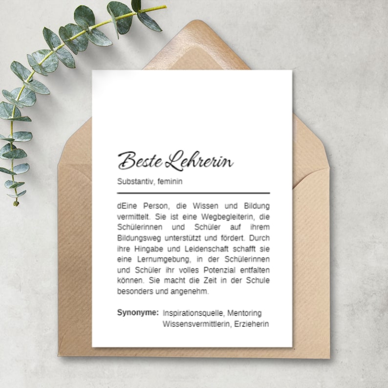 May include: A black and white printable card with the word "Beste Lehrerin" in cursive script. The card defines the word "Lehrerin" as a noun, meaning "teacher" in English, and describes the qualities of a good teacher. The card also lists synonyms for "Lehrerin", including "Inspirationsquelle", "Mentoring", "Wissensvermittlerin", and "Erzieherin".