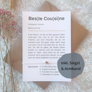 Geschenk Cousine - Definitionskarte inkl. Armband, Wachssiegel & Umschlag | A6 Karte "Beste Cousine" für Lieblingscousine