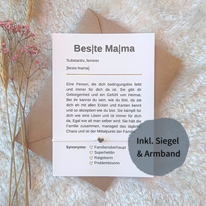 Definition Mama | Geschenk-Karte Mama inkl. Armband, Wachssiegel & Umschlag | A6 Karte "Beste Mama" | Postkarte Bedanken, Muttertag