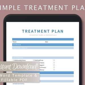 Plantilla de plan de tratamiento simple para terapeutas, consejeros, psicólogos, trabajadores sociales / Plantilla PDF / Word rellenable