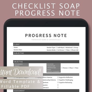 Checklist SOAP Progress Note Template for Therapists, Counselors ...