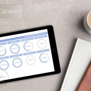 May include: A tablet screen displaying a chart with pie graphs showing percentages for different continuing education categories, including Live Online, Live Offline, Self-Study Online, Self-Study Offline, Law and Ethics, Substance Use, Risk Assessment, and Total. The chart shows a total of 56.7% continuing education credits earned.