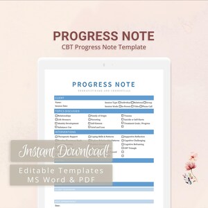 CBT Progress Note Template for Therapists, Counselors, Psychologists, Social Workers | Fillable PDF | Word Template