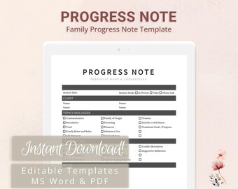 Family Therapy Progress Note Template for Therapists, Counselors, Psychologists, Social Workers | Fillable PDF | Word Template
