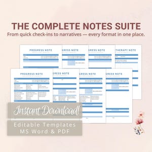 Puede incluir: Un conjunto de plantillas imprimibles para notas, incluyendo notas de progreso y notas de terapia. Las plantillas son en azul y blanco, con el texto "THE COMPLETE NOTES SUITE" en la parte superior. La imagen también incluye el texto "Instant Download!" y "Editable Templates MS Word & PDF".