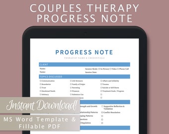 Couples Therapy Progress Note Template for Therapists, Counselors, Psychologists, Social Workers | Fillable PDF | Word Template