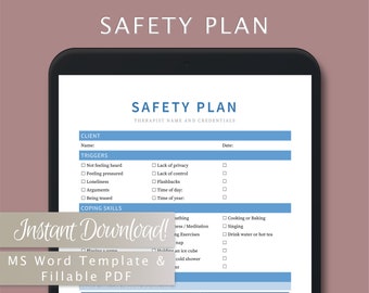 Safety Plan Template for Therapists, Counselors, Psychologists, Social Workers | Fillable PDF | Word Template