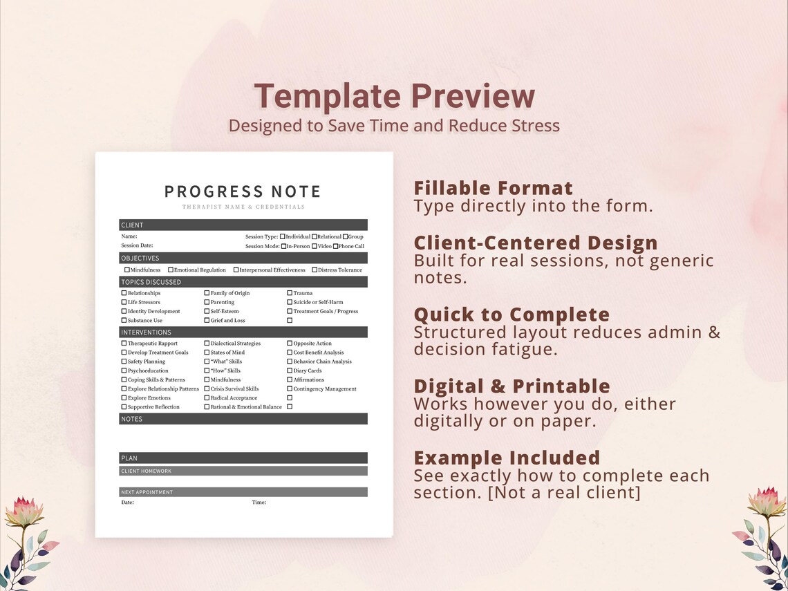 DBT Progress Note Template for Therapists, Counselors, Psychologists ...