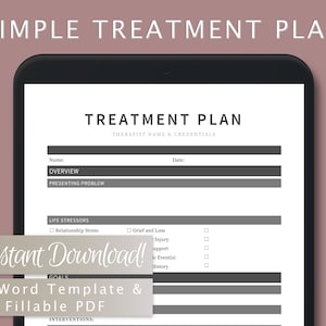 Simple Treatment Plan Template for Therapists, Counselors, Psychologists, Social Workers | Fillable PDF | Word Template