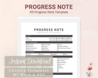 May include: A digital tablet displays a "Progress Note" template for therapists. The document includes sections for client information, topics discussed, and interventions. Text overlays read "Instant Download!" and "Editable Templates MS Word & PDF."
