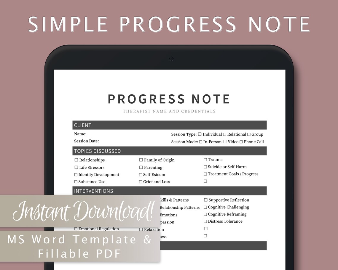 Simple Progress Note Template for Therapists, Counselors, Psychologists ...