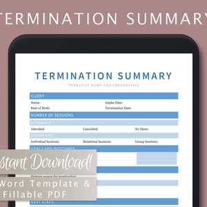 Termination Discharge Summary Template for Therapists, Counselors, Psychologists, Social Workers | Fillable PDF | Word Template