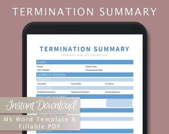 Termination Discharge Summary Template for Therapists, Counselors, Psychologists, Social Workers | Fillable PDF | Word Template