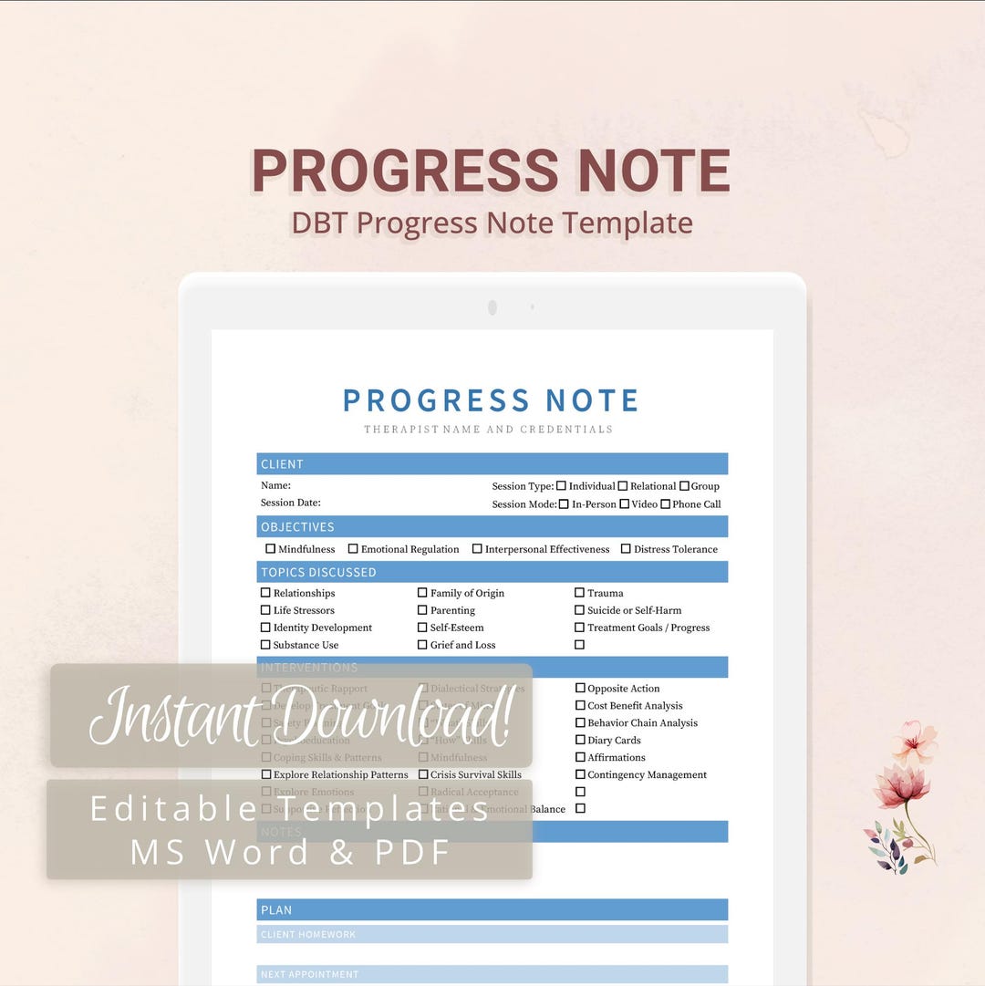 DBT Progress Note Template for Therapists, Counselors, Psychologists ...