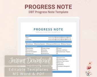 DBT Progress Note Template for Therapists, Counselors, Psychologists, Social Workers | Fillable PDF | Word Template