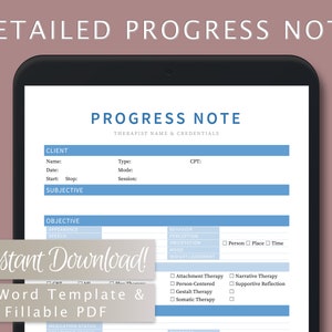 Detailed Progress Note Template for Therapists, Counselors, Psychologists, Social Workers | Fillable PDF | Word Template