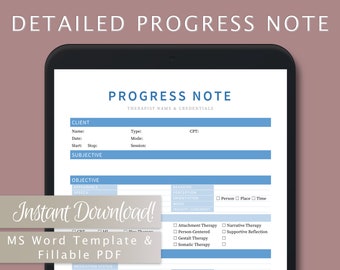 Detailed Progress Note Template for Therapists, Counselors, Psychologists, Social Workers | Fillable PDF | Word Template