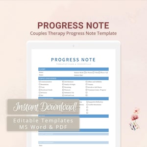 Couples Therapy Progress Note Template for Therapists, Counselors, Psychologists, Social Workers | Fillable PDF | Word Template
