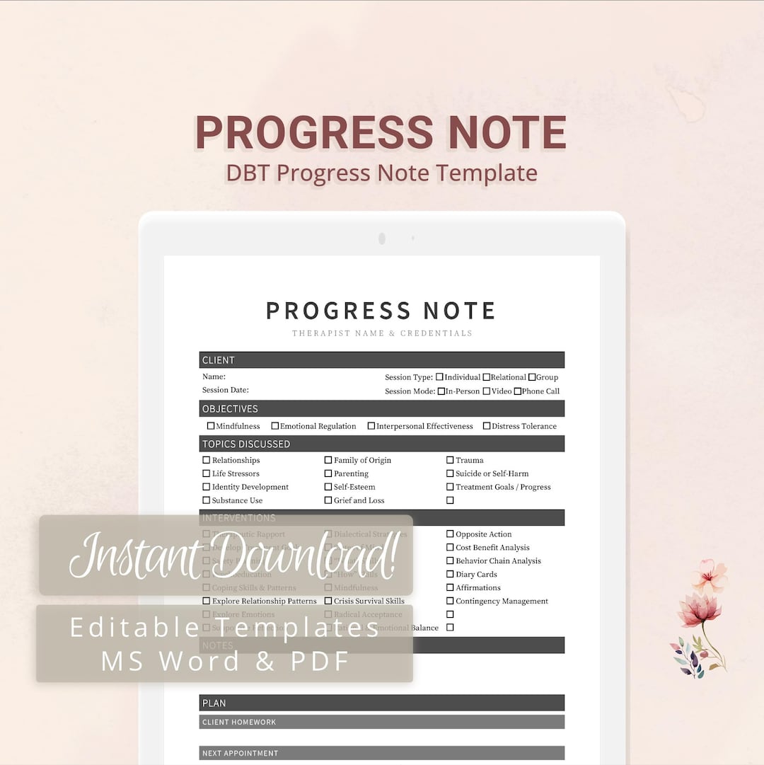 DBT Progress Note Template for Therapists, Counselors, Psychologists ...