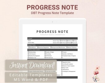 DBT Progress Note Template for Therapists, Counselors, Psychologists, Social Workers | Fillable PDF | Word Template