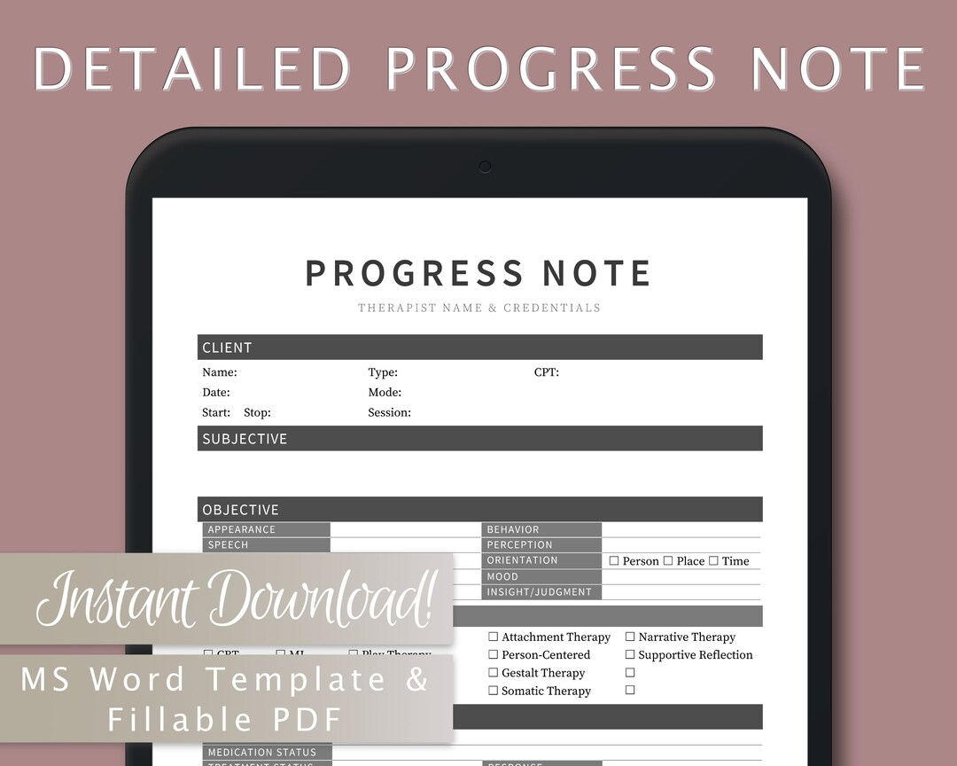 Detailed Progress Note Template for Therapists, Counselors ...
