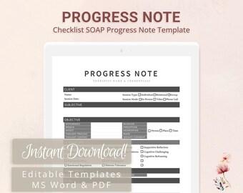 Checklist SOAP Progress Note Template for Therapists, Counselors, Psychologists, Social Workers | Fillable PDF | Word Template
