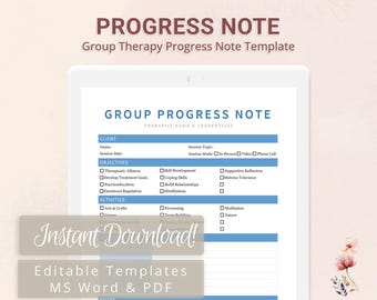 Group Therapy Progress Note Template for Therapists, Counselors, Psychologists, Social Workers | Fillable PDF | Word Template