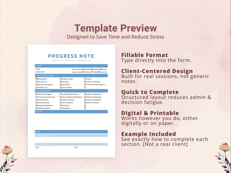 Simple Progress Note Template for Therapists, Counselors, Psychologists ...