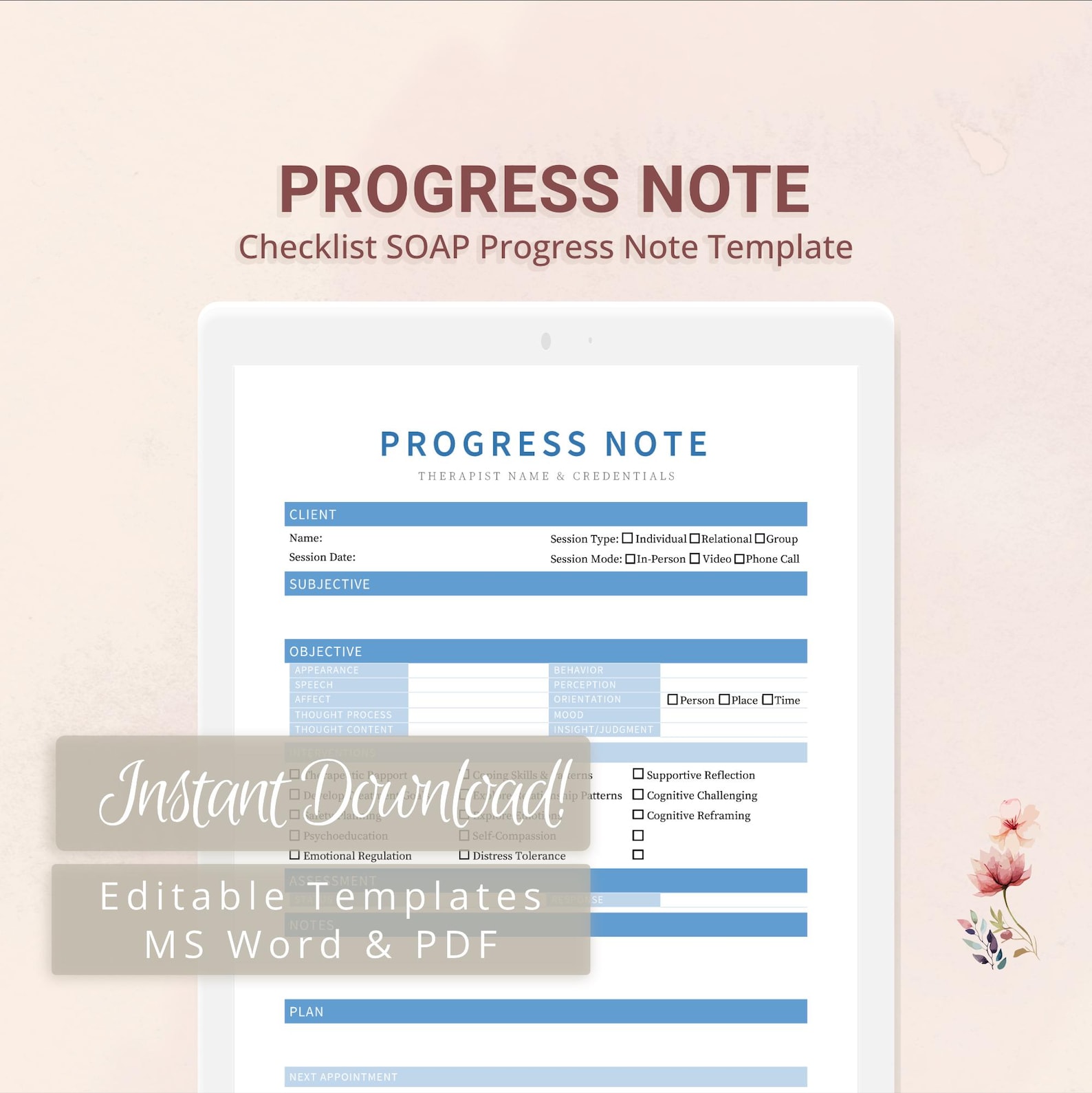 Checklist SOAP Progress Note Template for Therapists, Counselors ...