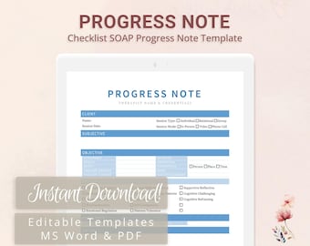 Checklist SOAP Progress Note Template for Therapists, Counselors, Psychologists, Social Workers | Fillable PDF | Word Template